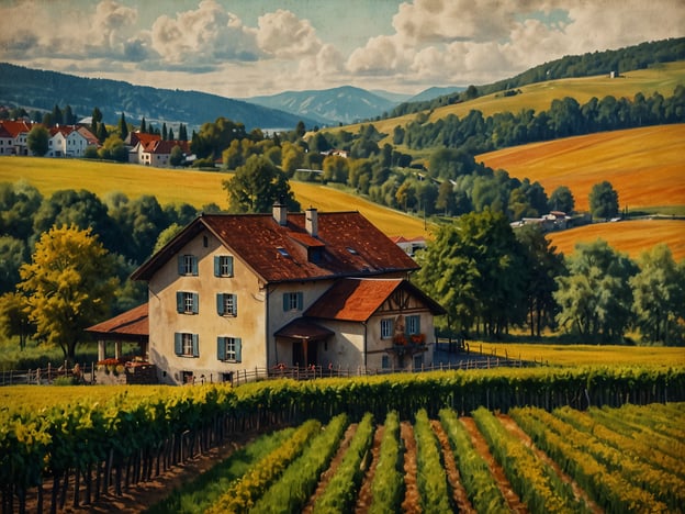 Auf dem Bild ist eine malerische Landschaft mit einem traditionellen Haus und Weinbergen zu sehen. Solche Szenen sind typisch in beliebten Herbstzielen in Deutschland, wie zum Beispiel:

1. **Rheingau**: Berühmt für seine Weinproduktion und malerischen Weinbergslandschaften, perfekt für herbstliche Weinproben.
2. **Baden-Württemberg**: Dazu gehören die Weinregionen um Stuttgart und Freiburg, wo man die bunten Blätter der Reben genießen kann.
3. **Franken**: Bekannt für seine Weinfeste im Herbst und die wunderschöne, ländliche Umgebung.
4. **Moselgebiet**: Berühmt für seine Steillagen und malerischen Dörfer, die im Herbst eine atemberaubende Kulisse bieten.

Diese Regionen laden ein zu Erkundungen und dem Genuss der herbstlichen Farben.