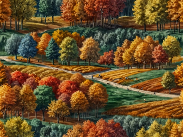 Auf dem Bild sieht man eine malerische herbstliche Landschaft mit bunten Bäumen. Es gibt leuchtende Farben in Gelb, Orange und Rot, die typisch für den Herbst sind. Auf den Wegen haben sich Menschen versammelt, einige gehen spazieren, während andere mit Hunden unterwegs sind. Die ruhige, ländliche Szenerie lädt zu Outdoor-Aktivitäten wie Wandern und Picknicken ein. Die Vielfalt der Farben und die sanften Hügel schaffen eine einladende Atmosphäre für Herbstveranstaltungen und Erkundungstouren in der Natur.