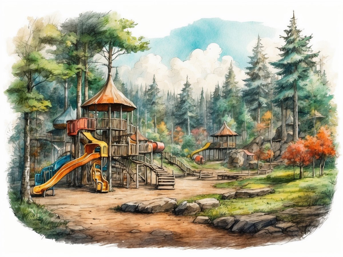 Der Waldspielplatz Zwieselstein zeigt eine einladende Spielanlage inmitten einer bewaldeten Umgebung. Mehrere Spieltürme mit rot-orangefarbenen und blauen Rutschen sind sichtbar. Die Spielgeräte sind umgeben von dichten Bäumen, die in verschiedenen Grüntönen leuchten, sowie von buntem Laub. Die Landschaft zeigt einen sanften, naturbelassenen Boden mit großen Steinen, die zu einem entspannten Spielbereich einladen. Der Himmel ist leicht bewölkt, was eine freundliche Atmosphäre schafft.
