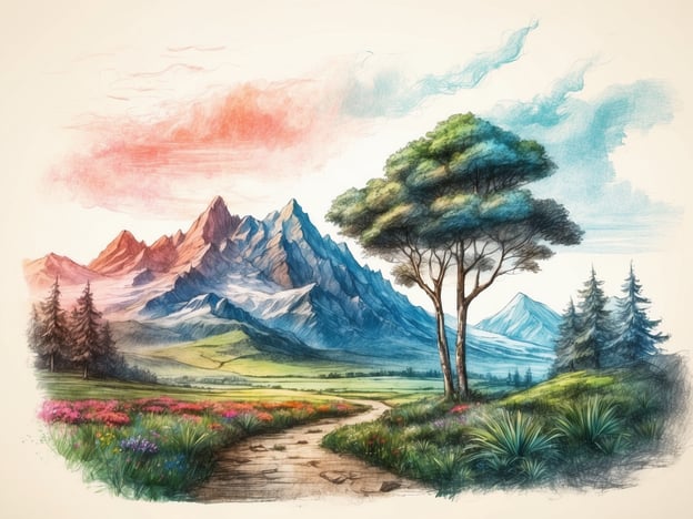 Auf dem Bild sind majestätische Berge und eine blühende Landschaft mit bunten Blumen zu sehen. Der Weg führt durch eine malerische Szenerie, die viel Ruhe und Harmonie ausstrahlt. Diese Darstellung könnte sich symbolisch mit der Geschichte des Zoologischen Stadtgartens verbinden, wo Natur und Tierwelt miteinander harmonieren. Die Landschaft könnte die Vielfalt der Flora und Fauna widerspiegeln, die im Stadtgarten bewahrt und geschätzt wird, und die Ästhetik von Natur und Landschaft betont, die auch in der Entwicklung zoologischer Gärten eine wichtige Rolle spielt.