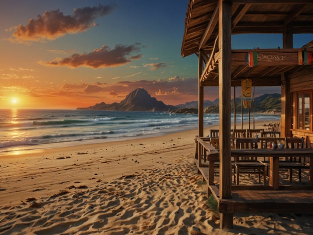 Auf dem Bild ist eine malerische Küstenlandschaft zu sehen, die zu zahlreichen Aktivitäten im Süden einlädt. Der Sandstrand lädt zum Entspannen und Sonnenbaden ein. Man könnte am Wasser spazieren gehen oder im Meer schwimmen. Vielleicht bietet sich auch die Gelegenheit, in der Strandbar lokale Spezialitäten zu probieren oder einen Sundowner bei Sonnenuntergang zu genießen. Die Umgebung mit den Bergen im Hintergrund eignet sich hervorragend für Wanderungen, um die Natur zu erkunden und die Aussicht zu genießen.