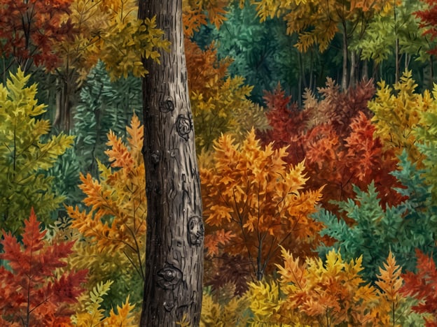 Auf dem Bild ist eine herbstliche Waldlandschaft zu sehen, die von der Magie des Herbstlaubs geprägt ist. Die Bäume zeigen ein prächtiges Spektrum an Farben: leuchtendes Gelb, tiefes Orange und kräftiges Rot, die sich harmonisch mit den grünen Tönen des Waldes vermischen. Ein einzelner Baumstamm, der in die Szene integriert ist, verkörpert die Ruhe und Beständigkeit der Natur in dieser malerischen Jahreszeit. Das Bild vermittelt eine Atmosphäre der Wärme und des Wandels, charakteristisch für den Herbst.