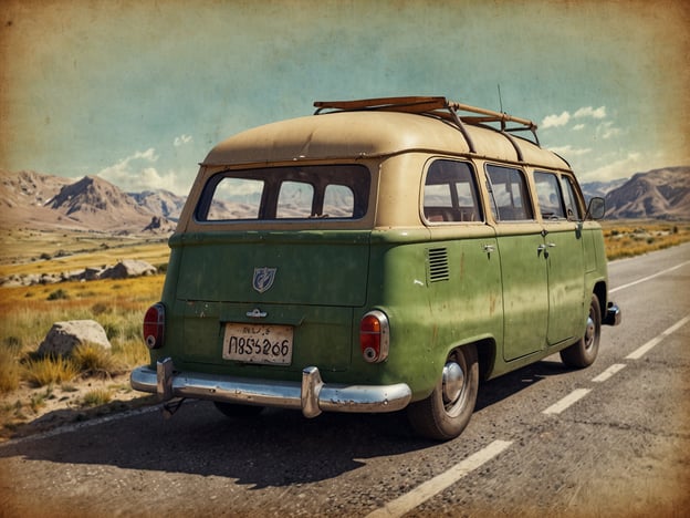 Das Bild zeigt einen vintage grünen Bus, der auf einer Landstraße steht, umgeben von einer malerischen Landschaft mit Bergen im Hintergrund. Diese Szenerie erinnert an unvergessliche Roadtrips in Europa, bei denen man durch atemberaubende Natur fährt, kleine Dörfer entdeckt und die Freiheit des Reisens genießt. Der Bus könnte perfekt sein für Abenteuer entlang der Küste oder durch die Weinregionen, wo man anhalten kann, um die Schönheit der Umgebung zu genießen.