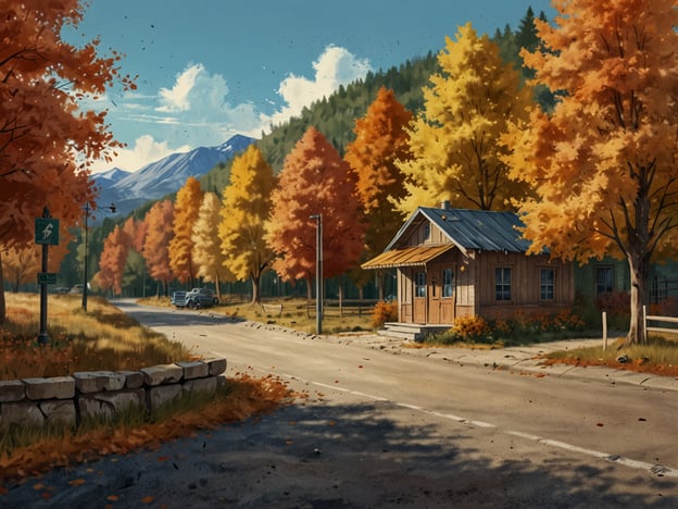 Auf dem Bild ist eine malerische Herbstlandschaft zu sehen, die von vielen bunten Bäumen und einem kleinen, gemütlichen Holzhaus geprägt ist. Die Straße führt durch diese Idylle, und die Berge im Hintergrund vervollständigen das Bild. 

Hier sind einige Tipps für einen gelungenen Herbst-Roadtrip:

1. **Routenplanung**: Wähle Strecken, die bekannt sind für ihre herbstliche Farbenpracht. Bergregionen und Wälder sind oft besonders schön.

2. **Frühzeitig starten**: Beginne deine Reise früh am Tag, um die kühlen Morgenstimmungen und das sanfte Licht zu genießen.

3. **Fotogelegenheit**: Halte regelmäßig an, um die Landschaft festzuhalten. Der Herbst bietet viele photogene Motive!

4. **Wanderschuhe**: Bringe bequeme Schuhe mit, um die Natur optimal zu erkunden.

5. **Genussmittel**: Packe Snacks und heiße Getränke ein, damit du unterwegs nicht aufhören musst zu genießen.

6. **Unterkünfte**: Suche nach charmanten Übernachtungsmöglichkeiten, wie zum Beispiel Blockhütten oder Landhäusern, um den rustic Charme des Herbstes zu erleben.

7. **Beobachtung der Natur**: Halte Ausschau nach Tieren, die sich auf den Winter vorbereiten, und genieße die herbstliche Flora.

Genieße deinen Roadtrip!