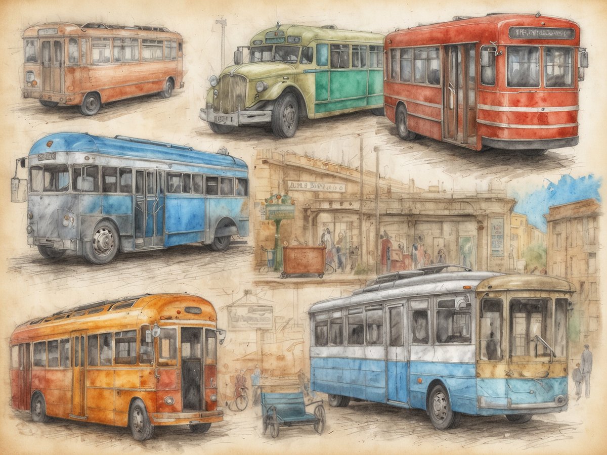 Das Bild zeigt eine künstlerische Darstellung von verschiedenen alten Bussen. In der oberen Reihe sind ein orangefarbener, ein grüner und ein roter Bus abgebildet. In der Mitte befindet sich ein blauer Bus. In der unteren Reihe sind ein orangefarbener und ein blauer Bus zu sehen. Die Busse sind in einem skizzenhaften Stil gezeichnet und umgeben von einer unscharfen Stadtszene, die Menschen und Gebäude im Hintergrund zeigt. Die Farben und Formen der Busse vermitteln eine nostalgische Atmosphäre.