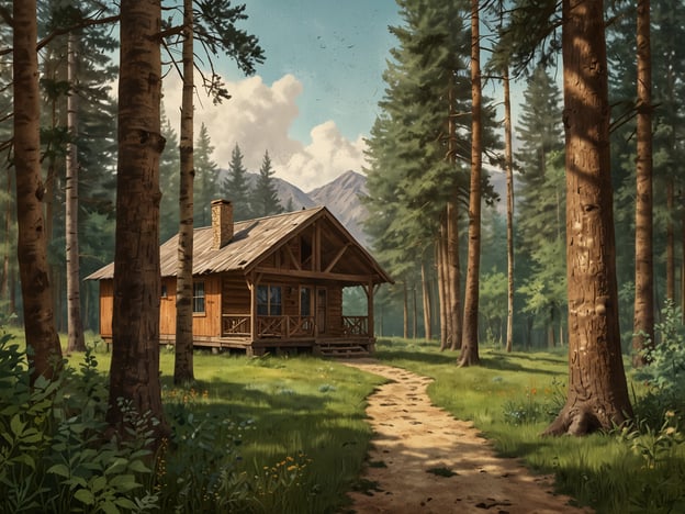 Auf dem Bild ist ein charmantes Ferienhaus in einer ruhigen Waldlandschaft zu sehen. Umgeben von hohen Bäumen und sanften Hügeln strahlt der Ort Ruhe und Entspannung aus. Der Weg führt zum Haus, der von frischem Grün und bunten Blumen gesäumt ist. Dies ist der ideale Ort, um dem Alltagsstress zu entkommen und sich in der Natur zu erholen. Man könnte hier entspannen, die frische Luft genießen und einfach die Schönheit der Umgebung auf sich wirken lassen.