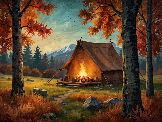 Auf dem Bild sieht man eine malerische Herbstlandschaft, die zur Abenteuerlust einlädt. Inmitten von bunten, orangefarbenen und gelben Blättern steht ein Zelt, vor dem ein loderndes Feuer brennt. Der Weg, der zum Zelt führt, ist von Steinen umgeben und die majestätischen Berge im Hintergrund verleihen der Szenerie eine beeindruckende Kulisse. Diese Umgebung bietet die perfekte Kulisse für ein Abenteuer in der Natur, wo man die frische Herbstluft genießen und die Wärme des Feuers spüren kann, während die Blätter sanft im Wind rauschen.