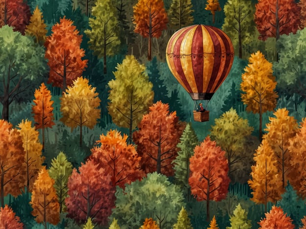 Auf dem Bild ist ein Heißluftballon zu sehen, der über einen Wald mit bunten Herbstbäumen fliegt. Diese Szenerie könnte Adrenalinjunkies dazu inspirieren, im Herbst folgende Aktivitäten auszuprobieren:

1. **Ballonfahren** – Die Aussicht auf die bunten Laubbäume ist atemberaubend und sorgt für einen Adrenalinschub durch die Höhe.
2. **Klettern** – In den Herbstmonaten kann das Klettern in den Wäldern und an Felsen eine aufregende Herausforderung bieten.
3. **Mountainbiking** – Auf den herbstlichen Trails durch den Wald kann man Geschwindigkeit und Nervenkitzel erleben.
4. **Ziplining** – Durch die bunten Baumkronen zu sausen ist ein unvergleichliches Erlebnis.
5. **Paragliding** – Den Herbst von oben zu erleben, während man durch die Lüfte gleitet, ist ein besonderes Abenteuer.

Diese Aktivitäten bieten nicht nur einen Schub an Adrenalin, sondern auch die Möglichkeit, die Schönheit des Herbstes zu genießen.