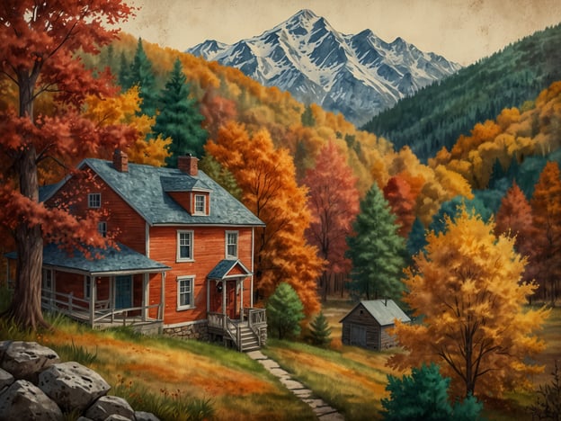 Auf dem Bild ist eine malerische Herbstlandschaft mit einem roten Haus, umgeben von leuchtend bunten Bäumen in verschiedenen Herbstfarben. Im Hintergrund sind schneebedeckte Berge zu sehen, die eine beeindruckende Kulisse bieten. Diese Szenerie eignet sich hervorragend für einen herbstlichen Kurzurlaub.

Für solche Reisen wären Städte wie **Kleinwalsertal** in Österreich, **Zug** in der Schweiz, **Freiburg** im Breisgau in Deutschland und **Tegernsee** in Bayern ideale Ziele, um die herbstliche Natur zu genießen und entspannte Tage zu verbringen.