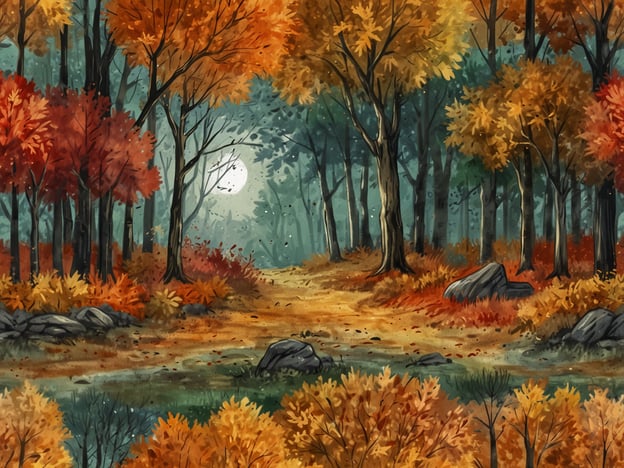 Auf dem Bild ist eine herbstliche Landschaft zu sehen, die die Faszination des Herbstes auf Reisen perfekt einfängt. Die Bäume sind in leuchtenden Farben wie Gelb, Orange und Rot gefärbt, was die Schönheit der Jahreszeit unterstreicht. Ein sanfter Pfad führt durch den Wald, und der geheimnisvoll schimmernde Mond im Hintergrund verleiht der Szenerie eine magische Atmosphäre. Diese Kombination aus buntem Laub und dem sanften Licht schafft eine einladende und ruhige Umgebung, die zum Entdecken und Verweilen einlädt.