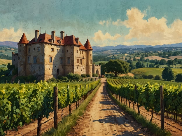 Auf dem Bild ist ein malerisches Schloss zu sehen, umgeben von Weinbergen und einer idyllischen Landschaft. Dies erinnert an beliebte herbstliche Rundreisen in Deutschland, wie zum Beispiel die Weinroute in der Pfalz oder die Mosel-Region, wo Besucher die Weinernte erleben und die herbstliche Farbenpracht der Weinberge genießen können. Solche Reisen bieten oft auch die Möglichkeit, lokale Weine zu probieren und regionale Spezialitäten zu entdecken.