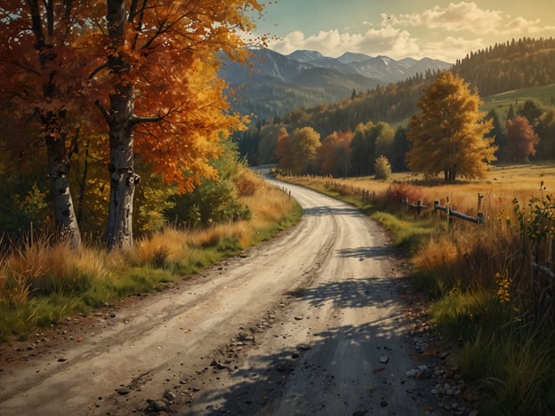 Das Bild zeigt eine malerische herbstliche Landschaft, die ideal für einen Blick über die Grenze und erkundende Routen in Europa ist. Ein schmaler, gewundener Weg führt durch eine ruhige Szenerie, umgeben von Bäumen mit leuchtend orangefarbenen und gelben Blättern, die den Herbst widerspiegeln. Im Hintergrund erheben sich sanfte, bewaldete Berge unter einem klaren Himmel, was die natürliche Schönheit und Ruhe dieser Region betont. Diese Route lädt zu einem unvergesslichen Herbstspaziergang oder einer gemütlichen Fahrradtour ein.