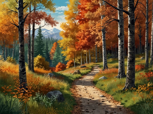 Auf dem Bild ist eine herbstliche Landschaft zu sehen, die den Zauber klassischer Wanderungen im Herbst einfängt. Der Weg schlängelt sich durch einen Wald mit bunten Laubbäumen, deren Blätter in warmen Farben wie Orange, Gelb und Rot leuchten. Im Hintergrund sind majestätische Berge zu erkennen, während das Sonnenlicht sanft durch die Bäume strahlt. Der Boden ist mit bunten Blättern und kleinen Steinen gesprenkelt, was die natürliche Schönheit dieser Jahreszeit unterstreicht. Der Anblick lädt förmlich zu einem entspannenden Herbstspaziergang ein.