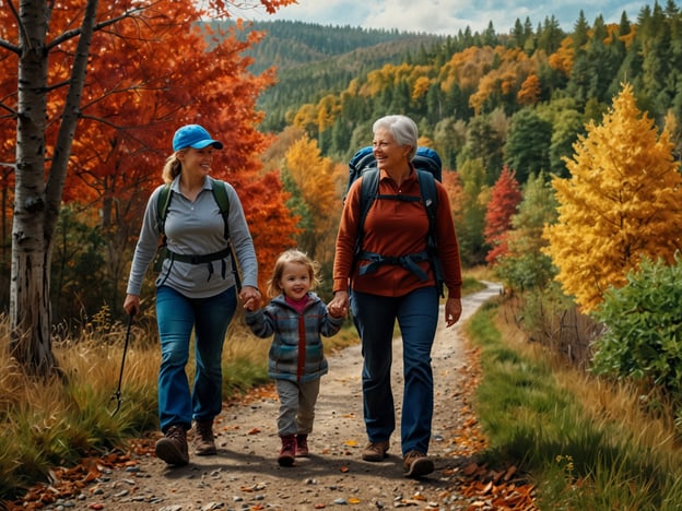 Auf dem Bild sind drei Personen zu sehen, die zusammen auf einem malerischen Wanderweg in der Natur spazieren. Die Farben der Bäume im Hintergrund zeigen lebendige Herbsttöne, von warmen Rottönen bis zu goldenen Gelbnuancen. Diese Szenerie eignet sich hervorragend für familienfreundliche Wanderungen im Herbst, wo man die Schönheit der Natur genießen kann. Solche Ausflüge sind ideal, um Zeit mit der Familie zu verbringen, frische Luft zu schnappen und die herbstliche Landschaft zu erkunden.