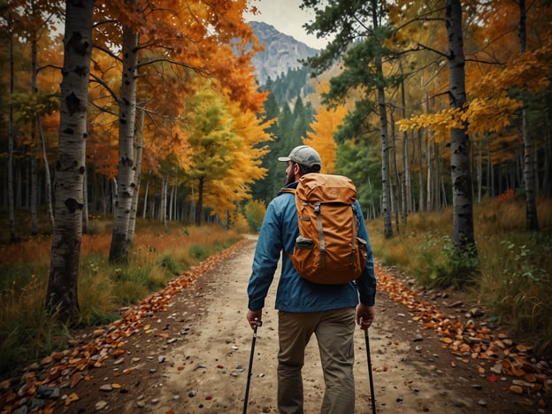 Auf dem Bild sieht man einen Wanderer, der auf einem Weg durch einen herbstlichen Wald geht. Die Bäume sind in warmen Farben wie Gelb, Orange und Rot gehalten, was die Schönheit der Herbstlandschaft betont. 

Beim Wandern in dieser Jahreszeit ist Nachhaltigkeit besonders wichtig. Man sollte darauf achten, die Natur zu respektieren, indem man auf markierten Wegen bleibt, um die Vegetation nicht zu schädigen. Auch das Mitnehmen von Müll und die Verwendung von umweltfreundlicher Ausrüstung tragen dazu bei, die Landschaft zu schützen. Außerdem kann man versuchen, lokale Wandergebiete zu besuchen, um den CO2-Ausstoß durch Anfahrten zu minimieren. So kann man die frische Luft und die Farbenpracht des Herbstes genießen, ohne der Natur zu schaden.