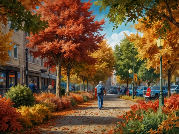 Auf dem Bild ist eine malerische Straße im Herbst zu sehen, die von bunten Bäumen mit leuchtend rotem, orangefarbenem und goldenem Laub gesäumt ist. Die Fußgänger haben es sich auf den Gehwegen gemütlich gemacht, und die herbstliche Atmosphäre schafft eine einladende Stimmung.

Der Herbst ist tatsächlich die perfekte Zeit für Städtereisen aus mehreren Gründen:

1. **Wetter**: Die Temperaturen sind oft mild und angenehm, ideal für lange Spaziergänge und Erkundungen ohne die Sommerhitze.

2. **Farbenpracht**: Die herbstlichen Farben verleihen den Städten eine besondere, malerische Kulisse, die sich perfekt für Fotos eignet.

3. **Weniger Menschenmassen**: Viele Touristen gehen nach dem Sommer in ihre Routine zurück, was bedeutet, dass Sehenswürdigkeiten weniger überlaufen sind.

4. **Kulturelle Veranstaltungen**: Im Herbst finden oft verschiedene Festivals und Veranstaltungen statt, die das kulturelle Leben einer Stadt bereichern.

5. **Kulinarische Genüsse**: Viele Städte bieten im Herbst exklusive saisonale Spezialitäten und Märkte, die man entdecken kann.

Die Kombination aus angenehmem Wetter, leuchtenden Farben und weniger Touristen macht Städte im Herbst zu einem unvergesslichen Erlebnis.