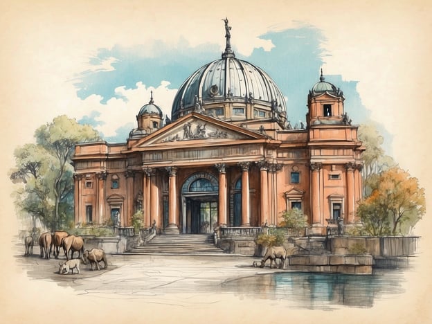 Auf dem Bild ist ein Gebäude im klassischen Stil zu sehen, umgeben von Bäumen und Wasser. Vor dem Gebäude bewegen sich einige Elefanten und ein Nashorn. Dies erinnert an die Geschichte des Tiergartens, der eine lange Tradition als Zoo und Erholungsort hat. Der Tiergarten ist nicht nur ein Ort für Tierbeobachtungen, sondern auch ein Symbol für die Verbindung von Natur und Kultur, wobei der zentrale Bau oft als ein historisches oder repräsentatives Gebäude interpretiert werden kann. Die Tiere, die sich in der Nähe des Wassers aufhalten, unterstreichen die lebendige Tierwelt, die im Zoo dargestellt wird.