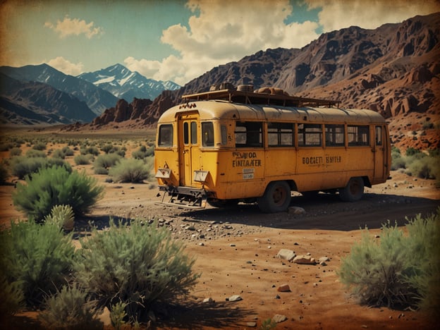 Auf dem Bild ist ein gelber, alter Bus in einer kargen Wüstenlandschaft zu sehen, umgeben von niedrigen Sträuchern und einer beeindruckenden Bergkulisse im Hintergrund. 

Für eine alternative Erkundung abseits der Touristen-Hotspots könnte man eine ähnliche Umgebung in weniger bekannten Naturparks oder Naturschutzgebieten suchen. Zum Beispiel könnten entlegene Wüstenregionen oder geografisch interessante Orte besucht werden, wo man die Ruhe der Natur genießen und bezaubernde Landschaften abseits des Trubels erleben kann. Solche Orte bieten oft authentische Erlebnisse und die Möglichkeit, die lokale Flora und Fauna zu entdecken, ohne den Massentourismus.