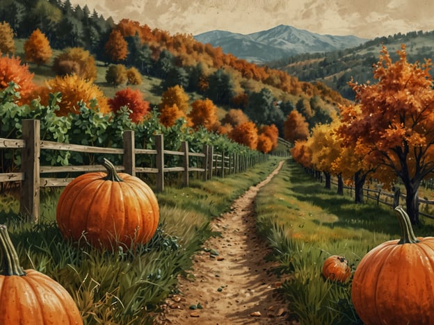 Auf dem Bild sieht man eine malerische Herbstlandschaft mit leuchtend orangefarbenen Kürbissen, die symbolisch für die Erntezeit stehen. Die Bäume haben bunte Blätter in verschiedenen Herbsttönen, die eine gemütliche Atmosphäre schaffen. 

In solch einer Umgebung könntest du Aktivitäten wie einen Spaziergang auf dem Weg unternehmen, das Laub sammeln und darüber nachdenken, vielleicht einen Kürbis für Halloween auszuwählen oder Kürbisgerichte zuzubereiten. Es bietet sich auch an, die Natur zu genießen, frische Luft zu schnappen und die wechselnden Farben der Landschaft zu bewundern, während man die Schönheiten des Herbstes erlebt.