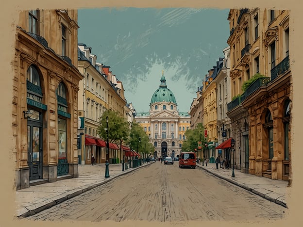 Auf dem Bild sieht man eine malerische Straße mit eleganten historischen Gebäuden auf beiden Seiten. Im Hintergrund ist eine beeindruckende Kuppel zu sehen, die möglicherweise zu einem bedeutenden Bauwerk in Wien gehört. Die Szene vermittelt eine charmante Atmosphäre, die typisch für einen Städtetrip nach Wien ist, wo Kultur und Geschichte vereint sind. Die Kombination aus Architektur und Straßenleben lädt dazu ein, die reiche Vergangenheit und das kulturelle Erbe der Stadt zu erkunden.