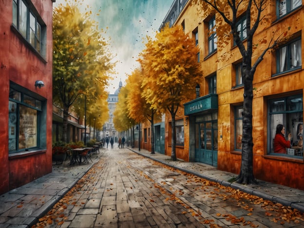 Auf dem Bild sieht man eine malerische Straße in Berlin während des Herbstes. Die Bäume sind in warmen, goldenen Farben gefärbt, und die gepflasterte Straße ist mit herabgefallenem Laub bedeckt. Die Architektur der Gebäude strahlt eine kreative Atmosphäre aus, mit bunten Fassaden in roten und gelben Tönen. In der Ferne sind Spaziergänger zu sehen, die die ruhige, künstlerische Umgebung genießen. Dieser Ort verkörpert die Kreativität und den Charme Berlins im Herbst.