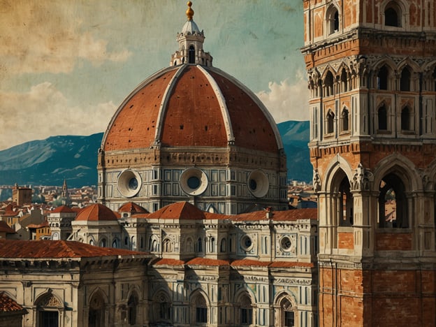 Auf dem Bild ist die beeindruckende Kuppel der Kathedrale von Florenz, bekannt als die Heilige Maria del Fiore, zu sehen. Diese Kuppel ist ein Meisterwerk der Renaissance-Architektur und wurde von Filippo Brunelleschi entworfen. Umgeben von den eleganten Fassaden der Kathedrale und dem Campanile, dem Glockenturm von Giotto, zeigt das Bild das charakteristische Stadtbild Florenz