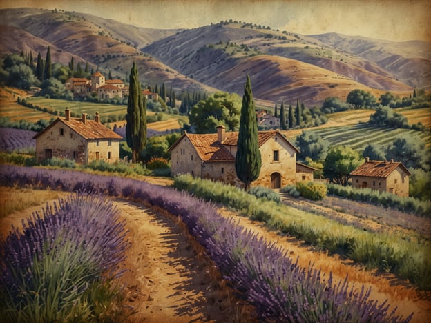 Auf dem Bild ist eine idyllische Landschaft aus der charmanten Provence zu sehen. Die Szene zeigt ein sanftes Hügelpanorama mit blühenden Lavendelfeldern, die eine lebendige violette Farbe präsentieren. In der Mitte stehen traditionelle, rustikale Häuser mit roten Dächern und sanften Steinwänden. Umgeben von malerischen Zypressen und üppigem Grün vermittelt die Umgebung eine Atmosphäre von Ruhe und ländlichem Charme. Die sanften Hügel im Hintergrund tragen zur idyllischen Stimmung dieser Provence-Landschaft bei.