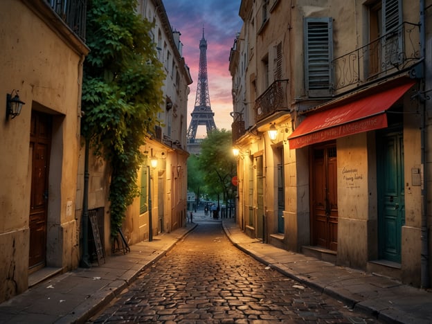 Auf dem Bild ist eine romantische Straßenszene in Paris zu sehen. Enge Gassen mit historischen Gebäuden und einer kopfsteingepflasterten Straße führen durch die Stadt. Im Hintergrund erhebt sich der Eiffelturm majestätisch, während im Vordergrund warmes Licht von Straßenlaternen auf die schmalen Straßen fällt, was eine einladende Atmosphäre schafft. Der Himmel zeigt sanfte Farben des Sonnenuntergangs, was die romantische Stimmung der Stadt unterstreicht.