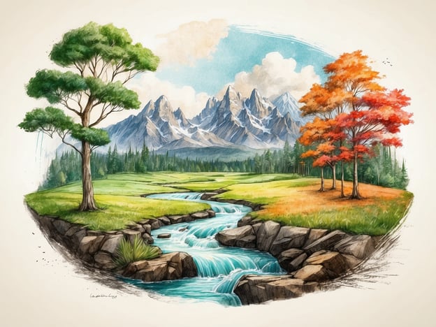 Auf dem Bild ist eine malerische Landschaft mit einer Vielzahl von Bäumen, einem Fluss und majestätischen Bergen im Hintergrund zu sehen. Die grüne Wiese und die bunten Herbstbäume symbolisieren die natürliche Schönheit der Umwelt. Dieses Bild könnte einen starken Bezug zu Naturschutz und Nachhaltigkeit haben, denn es erinnert an die Notwendigkeit, unsere natürlichen Ressourcen zu schützen und die Biodiversität zu bewahren. Ein gesunder Lebensraum ist essenziell für das Überleben von Pflanzen und Tieren und spielt eine wichtige Rolle im Kampf gegen den Klimawandel. Solche Landschaften sind ein Zeichen für eine nachhaltige Zukunft, in der Mensch und Natur im Einklang leben.