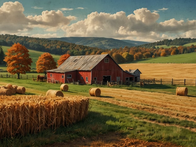 Auf dem Bild ist eine malerische Landschaft mit einem roten Bauernhaus, umgeben von feldern, Heuballen und schön verfärbten Bäumen im Herbst zu sehen. 

Hier sind einige Tipps für die Planung der Herbstferien auf dem Bauernhof:

1. **Unterkünfte buchen**: Sichern Sie sich rechtzeitig eine Unterkunft, da viele Bauernhöfe in der Herbstsaison beliebt sind.

2. **Aktivitäten planen**: Informieren Sie sich über saisonale Aktivitäten wie Kürbisernte, Apfelpflücken oder Tiere füttern.

3. **Wetter berücksichtigen**: Überprüfen Sie die Wettervorhersage und packen Sie warme Kleidung und Regenschutz ein.

4. **Essen und Trinken**: Planen Sie Mahlzeiten mit frischen, lokalen Produkten und traditionellem Bauernhofessen.

5. **Erkundung der Umgebung**: Nutzen Sie die Gelegenheit, die Natur zu erkunden, Spaziergänge zu machen oder Fahrradtouren in der malerischen Landschaft zu unternehmen. 

6. **Familienfreundliche Aktivitäten**: Stellen Sie sicher, dass es genügend Aktivitäten für Kinder gibt, wie Traktorfahrten oder Tierbeobachtungen. 

Viel Spaß beim Planen!