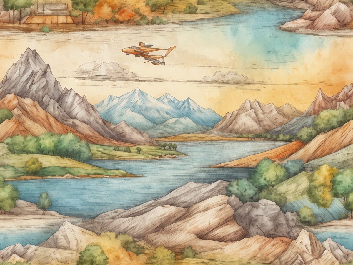 Eine malerische Landschaft mit Bergen, einem See und Bäumen. Im Vordergrund sind verschiedene Felsen und Bergformationen in erdigen Tönen zu sehen. In der Mitte fließt ein blauer See, umgeben von Wiesen und Bäumen in unterschiedlichen Grüntönen. Über der Szenerie schwebt ein Flugzeug, das die weite, offene Natur überblickt. Der Himmel ist in sanften Gelb- und Blautönen gehalten, mit einigen Wolken verstreut.