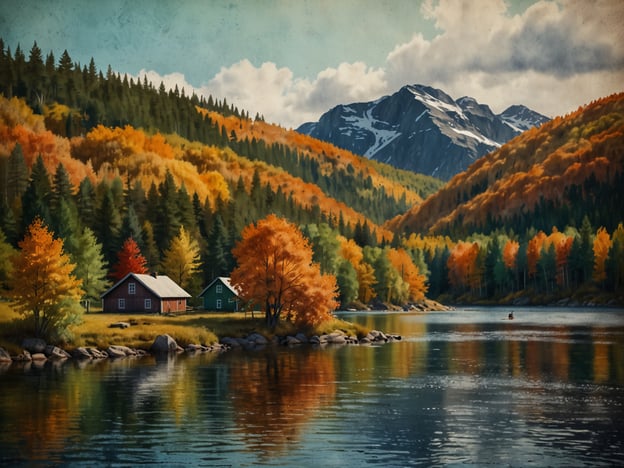 Auf dem Bild ist eine malerische Landschaft zu sehen, die von herbstlichen Farben geprägt ist. Es gibt zwei charmante, traditionelle Holzhäuser, die am Ufer eines ruhigen Gewässers stehen, umgeben von bunt gefärbten Bäumen und Bergen im Hintergrund. Diese Szenerie erinnert an die besten Reiseziele in Skandinavien im Herbst, wie zum Beispiel die Fjorde Norwegens, wo die Laubfärbung spektakulär ist, oder die Landschaften in schwedischen Nationalparks, die im Herbst in leuchtenden Farben erstrahlen. Auch in Finnland kann man beeindruckende Herbstlandschaften erleben, die perfekt für Wanderungen und Erholung in der Natur geeignet sind.