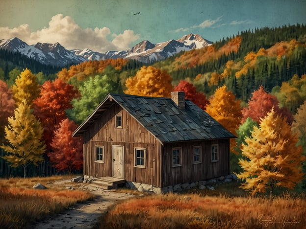 Auf dem Bild ist eine malerische Holzhütte inmitten einer herbstlichen Landschaft zu sehen. Die Bäume um die Hütte herum haben leuchtende Herbstfarben, die von intensivem Rot und Gelb bis zu satten Grüntönen reichen. Diese Szenario erinnert an typische Herbstaktivitäten in Skandinavien, wie z.B. Wandern in den bunten Wäldern, Pilze sammeln, oder das Genießen der Ruhe und der Natur. Die Berge im Hintergrund deuten darauf hin, dass man möglicherweise auch zum Bergwandern aufbrechen könnte, während die ruhige Umgebung zum Entspannen einlädt.