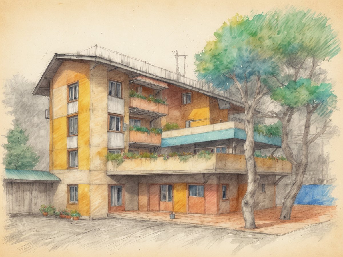 Das Bild zeigt eine farbenfrohe Jugendherberge mit mehreren Etagen. Die Fassade ist in lebhaften Gelb- und Orangetönen gehalten und verfügt über Balkone mit Blumen. Vor der Jugendherberge stehen einige kleine Töpfe mit Pflanzen. Im Hintergrund sind grüne Bäume zu sehen, die der Szenerie eine freundliche Atmosphäre verleihen. Die Umgebung wirkt ruhig und einladend.