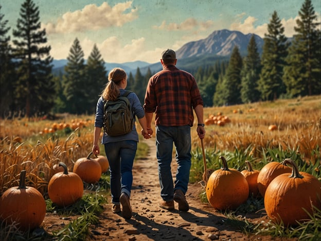 Auf dem Bild sind eine Frau und ein Mann zu sehen, die Hand in Hand auf einem Weg gehen, umgeben von Kürbissen und einer schönen Herbstlandschaft. Für die ganze Familie während der Herbstferien könnten folgende Aktivitäten in Betracht gezogen werden:

1. **Kürbisernte**: Besuchen Sie einen Kürbisbauernhof und wählen Sie gemeinsam die schönsten Kürbisse aus.
2. **Herbstwanderungen**: Machen Sie eine Wanderung in der Natur, um die bunten Herbstblätter zu genießen.
3. **Basteln**: Gestalten Sie Halloween-Dekorationen oder bemalen Sie die gesammelten Kürbisse.
4. **Kochen**: Bereiten Sie gemeinsam herbstliche Gerichte zu, wie Kürbissuppe oder Apfelkuchen.
5. **Lagerfeuer**: Veranstalten Sie ein Familienlagerfeuer, um Marshmallows zu rösten und Geschichten zu erzählen.

Diese Aktivitäten fördern den Familienzusammenhalt und machen die Herbstferien besonders schön!