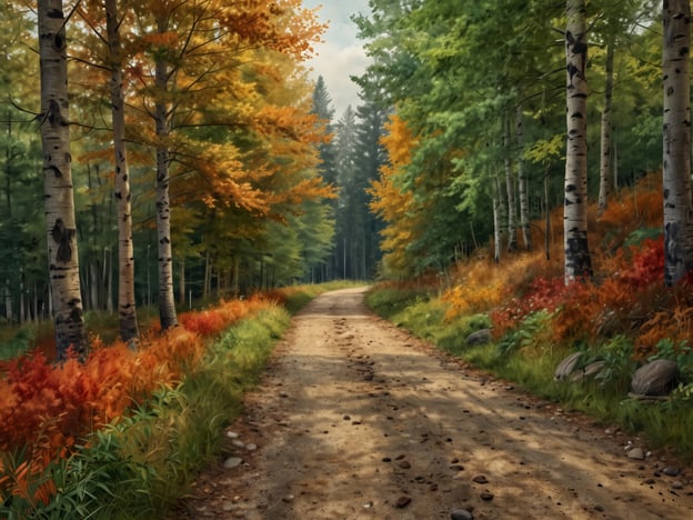 Auf dem Bild ist ein malerischer Wanderweg zu sehen, umgeben von majestätischen Bäumen, die in den warmen Farben des Herbstes erstrahlen. Die Blätter leuchten in verschiedenen Schattierungen von Gelb, Orange und Rot, während das sanfte Licht durch die Bäume scheint. Die Ruhe des Waldes und die sanfte Rundung des Weges laden zu einem Herbstspaziergang ein, in dem man die Magie der Natur in vollen Zügen erleben kann. Steine und grünes Gras säumen den Weg, der in die Weite des Waldes führt, ideal für eine entspannende Wanderung voller Herbstzauber.