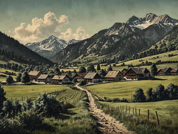 Auf dem Bild ist eine malerische Landschaft mit Hochgebirgen, saftigen Wiesen und einem kleinen Dorf zu sehen. Diese Szenerie erinnert an beliebte Wanderregionen in Deutschland, wie die Alpen im Süden, speziell rund um die Berchtesgadener Alpen oder die Region Zugspitze. Auch das Allgäu bietet ähnliche idyllische Landschaften mit sanften Hügeln und traditionellen Bauernhäusern. Solche Gebiete sind bekannt für ihre zahlreichen Wanderwege, die atemberaubende Ausblicke und Naturerlebnisse bieten.