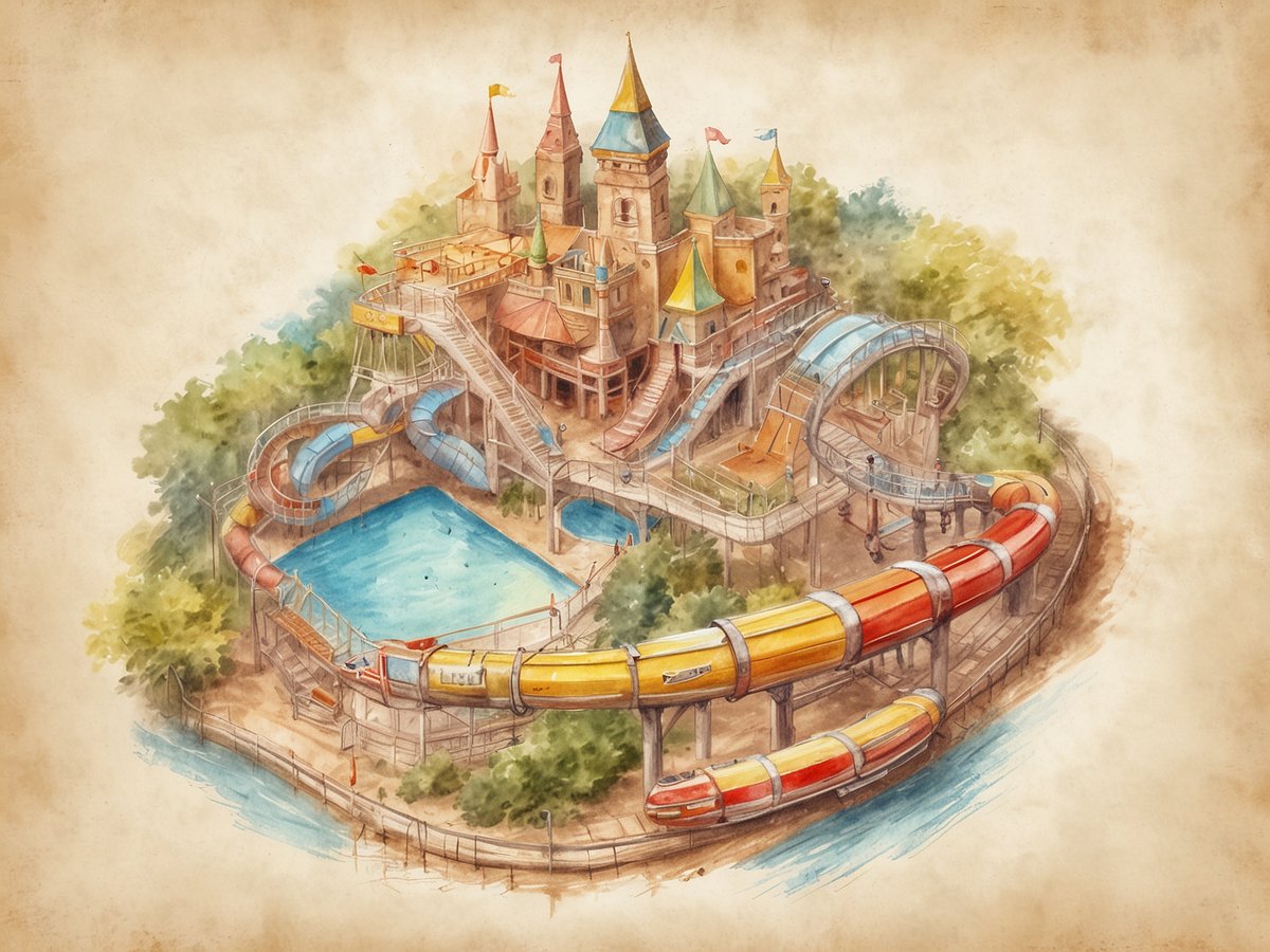 Ein farbenfrohes Wasserpark-Design mit einem großen Schloss als Hauptattraktion. Rund um das Schloss sind verschiedene Wasserrutschen in bunten Farben angeordnet, die in ein blauschimmerndes Schwimmbecken münden. Die Umgebung ist grün und einladend, mit Bäumen und einem kleinen Fluss, der das Gelände umgibt. Dieses Bild vermittelt ein Gefühl von Spaß und Abenteuer, ideal für einen Kururlaub.