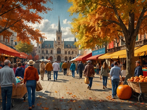 Auf dem Bild ist eine belebte Straße mit Menschen zu sehen, die zwischen bunten Marktständen spazieren, während die Bäume in warmen Herbstfarben leuchten. Im Hintergrund sieht man ein beeindruckendes Gebäude, möglicherweise ein Rathaus oder eine ähnliche Sehenswürdigkeit.

Für kulturelle Entdeckungen im Herbst sind einige Top-Städte, die man in Betracht ziehen könnte:

1. **Berlin, Deutschland** - Mit zahlreichen Museen, Kunstgalerien und historischen Stätten ist Berlin perfekt für einen herbstlichen Besuch.
   
2. **Prag, Tschechische Republik** - Die malerischen Straßen und historische Architektur bieten eine zauberhafte Kulisse im Herbst.

3. **Krakau, Polen** - Diese Stadt erfreut sich eines reichen kulturellen Erbes, das die Herbstsonne wunderbar zur Geltung bringt.

4. **Salzburg, Österreich** - Umgeben von Bergen und mit einer beeindruckenden Altstadt ist Salzburg im Herbst besonders reizvoll.

5. **Rom, Italien** - Mit seinen antiken Ruinen und kulturellen Veranstaltungen ist Rom ganzjährig ein Highlight, besonders im milden Herbst.

Jede dieser Städte bietet reichlich Möglichkeiten, die Kultur in vollen Zügen zu genießen!