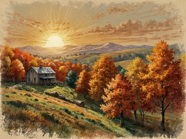 Auf dem Bild ist eine stimmungsvolle Herbstlandschaft zu sehen. Die Sonne geht majestätisch hinter sanften Hügeln unter und taucht die Szenerie in warmes Licht. Rund um ein rustikales Holzhaus erstrahlen die Bäume in leuchtenden Farben von Orange, Rot und Gelb, die die typische Herbststimmung verkörpern. Im Vordergrund erstreckt sich ein sanfter Hügel mit einer Wiese, auf der Heuballen liegen, was dem Bild eine wohnliche Note verleiht. Die gesamte Atmosphäre strahlt Ruhe und Idylle aus, ideal für einen herbstlichen Spaziergang in der Natur.