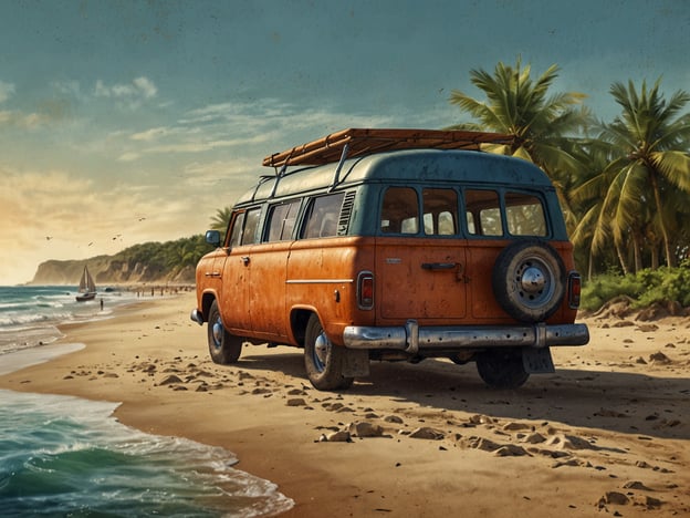 Auf dem Bild ist ein nostalgischer orangefarbener VW-Bus zu sehen, der am Strand parkt. Die Szenerie vermittelt ein Gefühl von Urlaub und Freiheit. Hier sind ein paar Aktivitäten, die zu solch einer Umgebung passen:

1. **Strandspiele**: Freunde oder Familie können Beachvolleyball oder Frisbee spielen.
2. **Schwimmen**: Im klaren Wasser planschen oder schwimmen gehen.
3. **Surfen**: Für Abenteuerlustige könnte Surfen eine spannende Möglichkeit sein, die Wellen zu reiten.
4. **Picknick**: Ein entspanntes Picknick direkt am Strand mit Snacks und erfrischenden Getränken.
5. **Sandburgenbauen**: Besonders für Kinder macht es Spaß, kreative Sandburgen zu bauen.
6. **Spaziergang**: Ein gemütlicher Spaziergang entlang der Küste, um die Aussicht zu genießen.

Diese Aktivitäten bieten für jeden Geschmack etwas und tragen zur entspannten Atmosphäre am Strand bei.