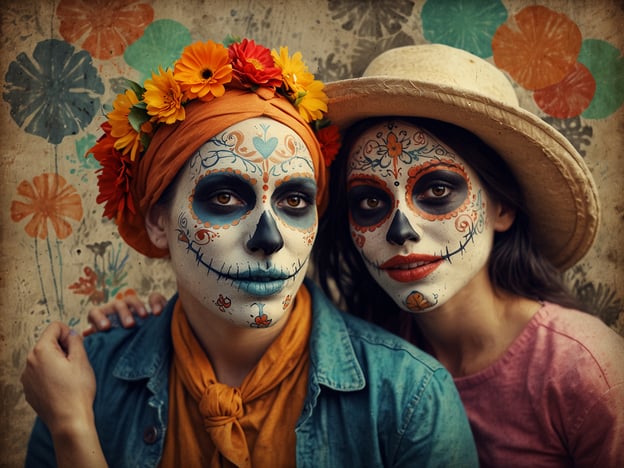 Auf dem Bild sind zwei Personen mit farbenfroher Gesichtsbemalung zu sehen, die an die Tradition des Día de los Muertos (Tag der Toten) in Mexiko erinnert. Dieses Fest, das häufig im Herbst gefeiert wird, ehrt die Verstorbenen und verbindet kulturelle Rituale mit fröhlichen Feierlichkeiten. Die dargestellten Personen tragen traditionelle Kleidung und Blumenkränze, was typisch für diese festliche Zeit ist. Der Día de los Muertos ist bekannt für seine lebhaften Farben, kunstvollen Dekorationen und die Feier des Lebens der Verstorbenen.