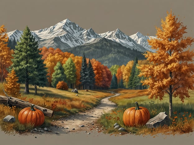 Auf dem Bild sind eine wunderschöne herbstliche Landschaft mit Bergen im Hintergrund, bunten Bäumen in verschiedenen Farben sowie Kürbissen zu sehen. Während der Herbstferien könnte man in einem solchen Szenario Spaziergänge durch die Natur genießen, die bunten Blätter sammeln oder ein Picknick im Freien veranstalten. Das Ernten von Kürbissen wäre ebenfalls eine tolle Aktivität, bei der man kreative Kürbisdesigns für Halloween gestalten kann. Solche Erlebnisse bringen die Schönheit der Herbstzeit zum Ausdruck und laden zu gemeinsamen Aktivitäten mit der Familie und Freunden ein.