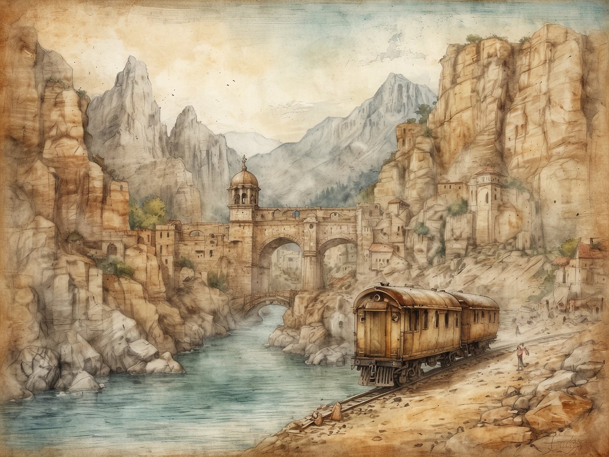 Eine malerische Landschaft zeigt eine Bahnhofsszene in einem zerklüfteten Tal. Ein alter Zugwagen steht auf den Gleisen, die entlang eines ruhigen Flusses verlaufen. Im Hintergrund ragen beeindruckende Berge empor, während eine alte Steinbrücke mit einem charakteristischen Turm darüber hinausführt. An den Hängen sind kleine Gebäude sichtbar, die ein Gefühl von Geschichte und Tradition vermitteln. Einige Menschen sind am Ufer beschäftigt, was die Atmosphäre einer Pilgerreise in dieser idyllischen Umgebung verstärkt.