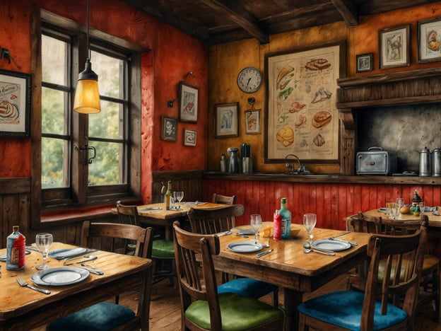 Auf dem Bild ist ein gemütliches Restaurant zu sehen, das durch seine warme und einladende Atmosphäre besticht. Die Wände sind in lebhaften Farben gestrichen, und es gibt eine Vielzahl von Bildern, die appetitliche Speisen und kulinarische Kunstwerke darstellen. Die Tische sind rustikal aus Holz, mit Geschirr und Besteck für die Gäste vorbereitet. An den Wänden hängen informative Zeichnungen, die ein Gefühl für regionale Spezialitäten und weniger bekannte kulinarische Entdeckungen vermitteln. Von der Ausstattung her wirkt es, als könnte der Ort lokale und traditionelle Gerichte anbieten, die abseits der üblichen Pfade liegen und dazu einladen, neue Geschmackserlebnisse zu entdecken.