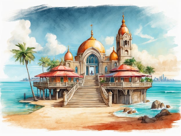 Auf dem Bild ist ein beeindruckendes Strandgebäude mit alternativen, goldenen Kuppeln zu sehen. Es liegt direkt am Wasser und wird von Palmen umgeben, was eine tropische Atmosphäre schafft. Die Architektur erinnert an orientalische oder exotische Stile, die durch die großen Fenster und den einzigartigen Turm ergänzt werden. 

Zu den Highlights gehören die breite Treppe, die zum Eingangsbereich führt, sowie die rotgedeckten Pavillons, die auf der Außenterrasse Platz bieten. Das klare Wasser und der feine Sandstrand laden zu Erholung und Aktivitäten am Meer ein. Die gesamte Szenerie strahlt einen einladenden und paradiesischen Charakter aus, ideal für einen Urlaubsort oder eine exotische Attraktion.