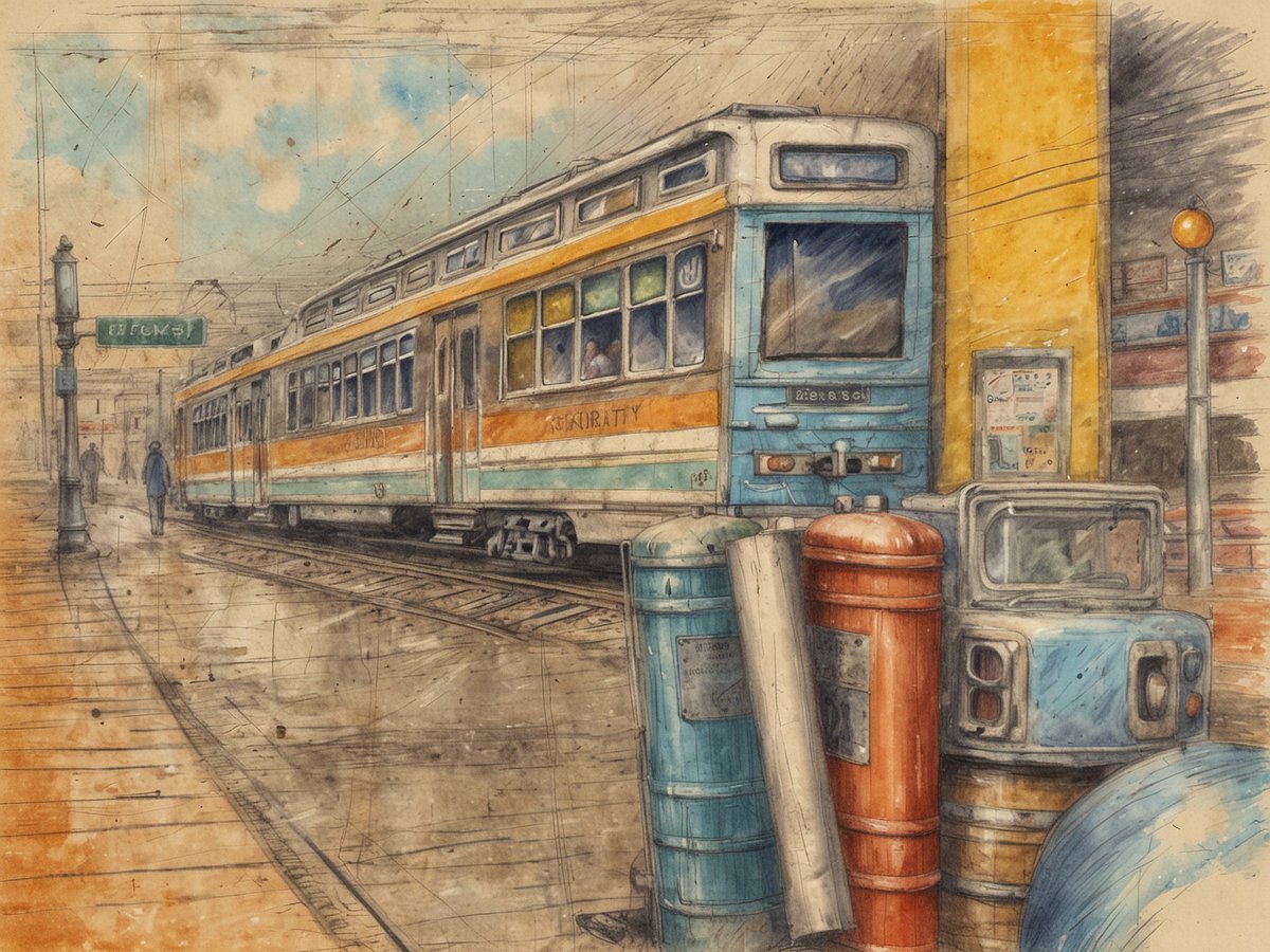 Ein nostalgischer Straßenbahnwagen steht an einer Haltestelle mit einem farbenfrohen Design in Blau und Orange. Begleitend dazu sind verschiedene Abfallbehälter in bunten Farben zu sehen, darunter rot, blau und silbern. Im Hintergrund erkennt man eine Stadtlandschaft mit einem Schild, das den Namen der Haltestelle anzeigt. Eine Person in dunkler Kleidung geht auf dem Gehweg in Richtung der Straßenbahn, während einige Passagiere im Wagenfenster sichtbar sind. Die Szenerie strahlt eine rustikale und künstlerische Atmosphäre aus.