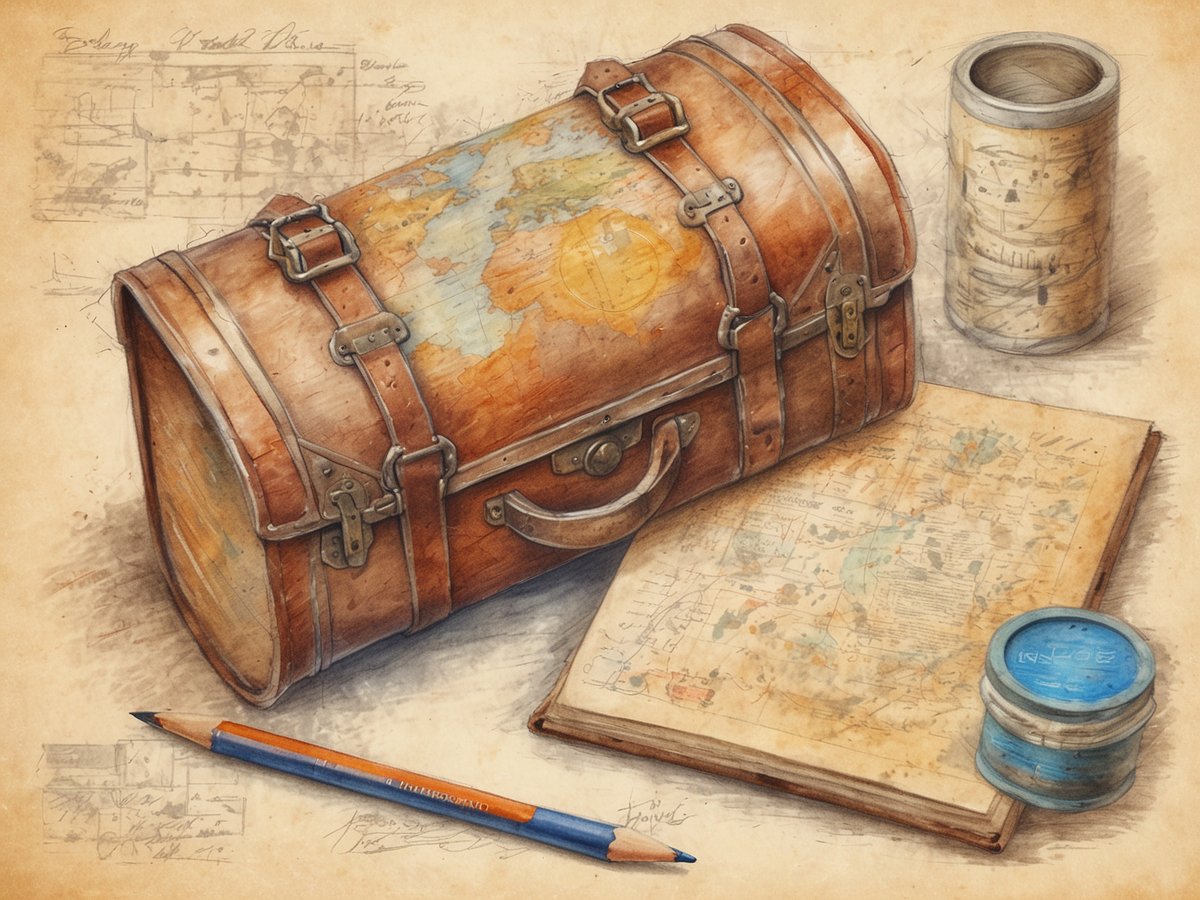 Auf dem Bild ist ein Reisepaket zu sehen. Es handelt sich um einen alten, ledernen Koffer mit einem farbenfrohen Kartenausdruck auf der Oberfläche. Neben dem Koffer liegt ein aufgeschlagenes Notizbuch mit skizzierten Karten. Ein Bleistift und eine kleine, runde Dose mit blauer Farbe sind ebenfalls zu sehen. Im Hintergrund erkennt man technische Zeichnungen und Notizen, die die Reisethemen ergänzen.