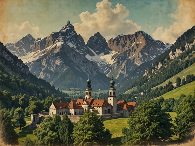 Auf dem Bild ist ein malerisches Gebäude mit einer markanten Kirche und Bergen im Hintergrund zu sehen. Dies könnte das bekannte Kloster Ettal in Bayern sein, das von einer beeindruckenden Alpenlandschaft umgeben ist. Die Region ist bekannt für ihre atemberaubende Natur, Wanderwege und die Nähe zu beliebten Zielen wie Garmisch-Partenkirchen und der Zugspitze, dem höchsten Berg Deutschlands.