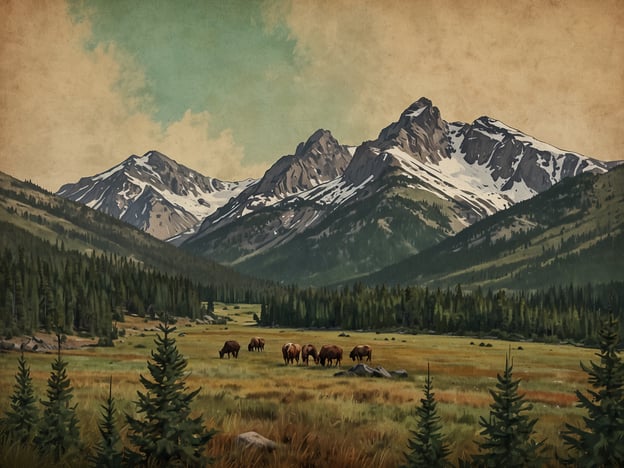 In der beeindruckenden Landschaft der Rocky Mountains, die auf dem Bild dargestellt ist, sieht man majestätische Berggipfel, die teilweise mit Schnee bedeckt sind. Vor den Bergen erstreckt sich eine weite, grüne Wiese, die von dichten Wäldern umgeben ist. Auf der Wiese grasen mehrere Tiere, möglicherweise Bisons, die zur typischen Fauna dieser Region gehören. Die Szene strahlt eine ruhige, natürliche Schönheit aus und vermittelt ein Gefühl der Wildnis und Unberührtheit, das die Rocky Mountains so einzigartig macht.